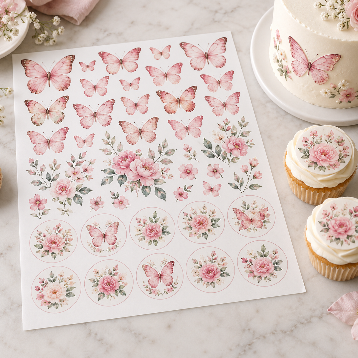 Exemple de présentation d’une feuille de sucre A4 avec motifs de papillons et fleurs, accompagnée de cupcakes décorés.
