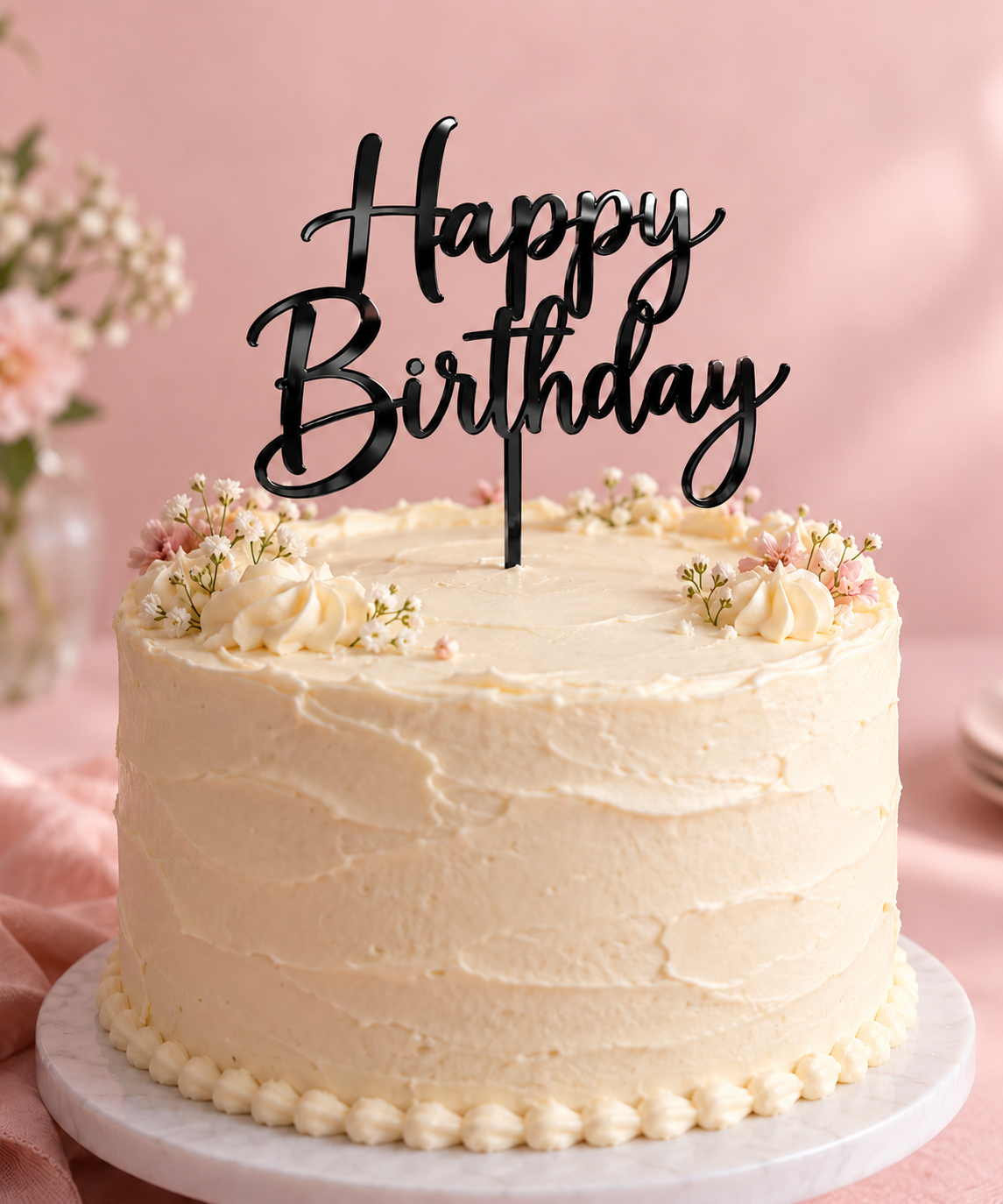 Visuel de présentation : topper Happy Birthday Noir miroir sur gâteau crème