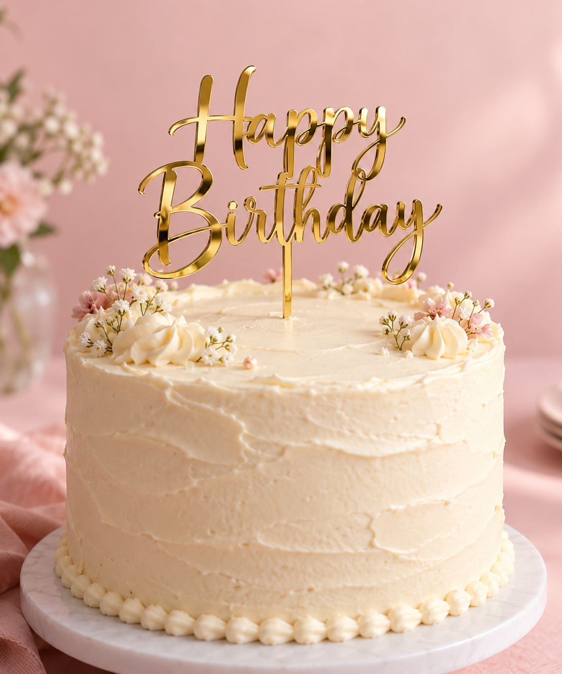 Visuel de présentation : topper Happy Birthday doré miroir sur gâteau crème