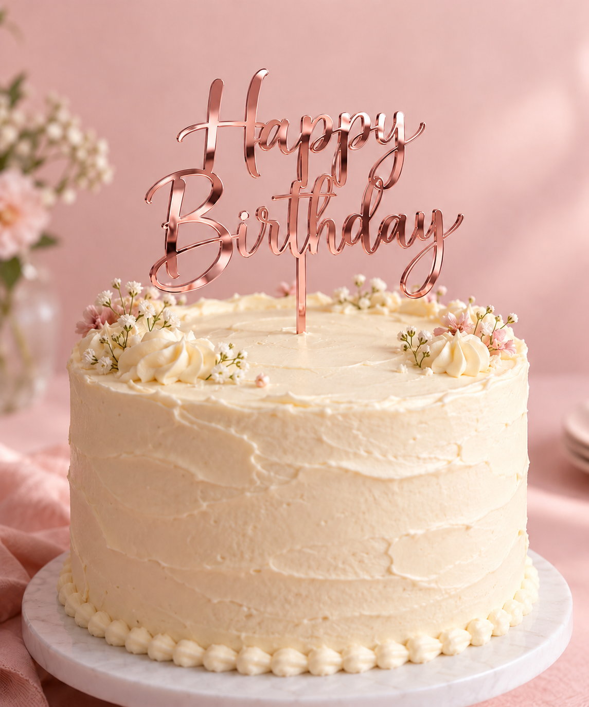 Visuel de présentation : topper Happy Birthday Rose miroir sur gâteau crème